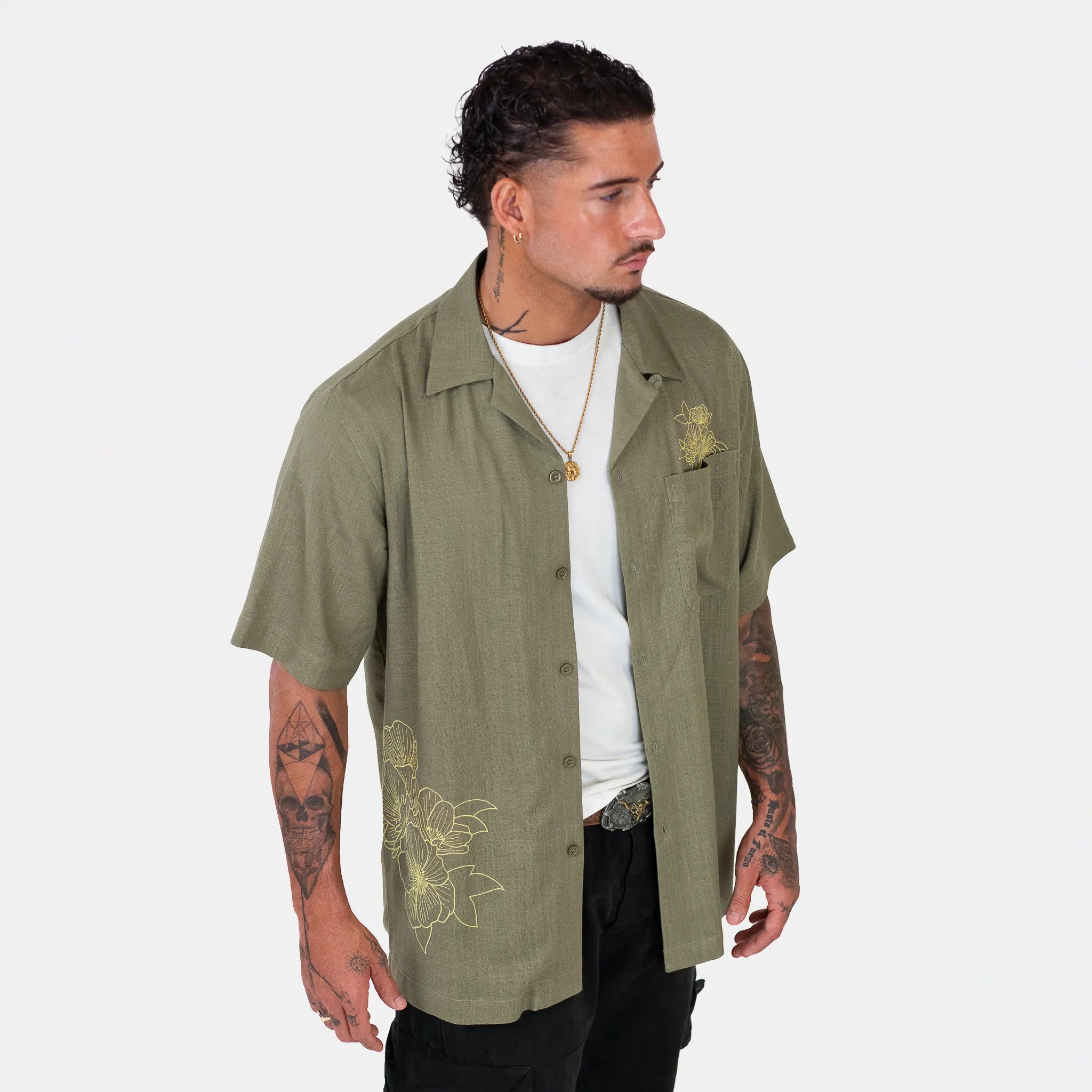 Yardrock Floral Linen Shirt - Khaki