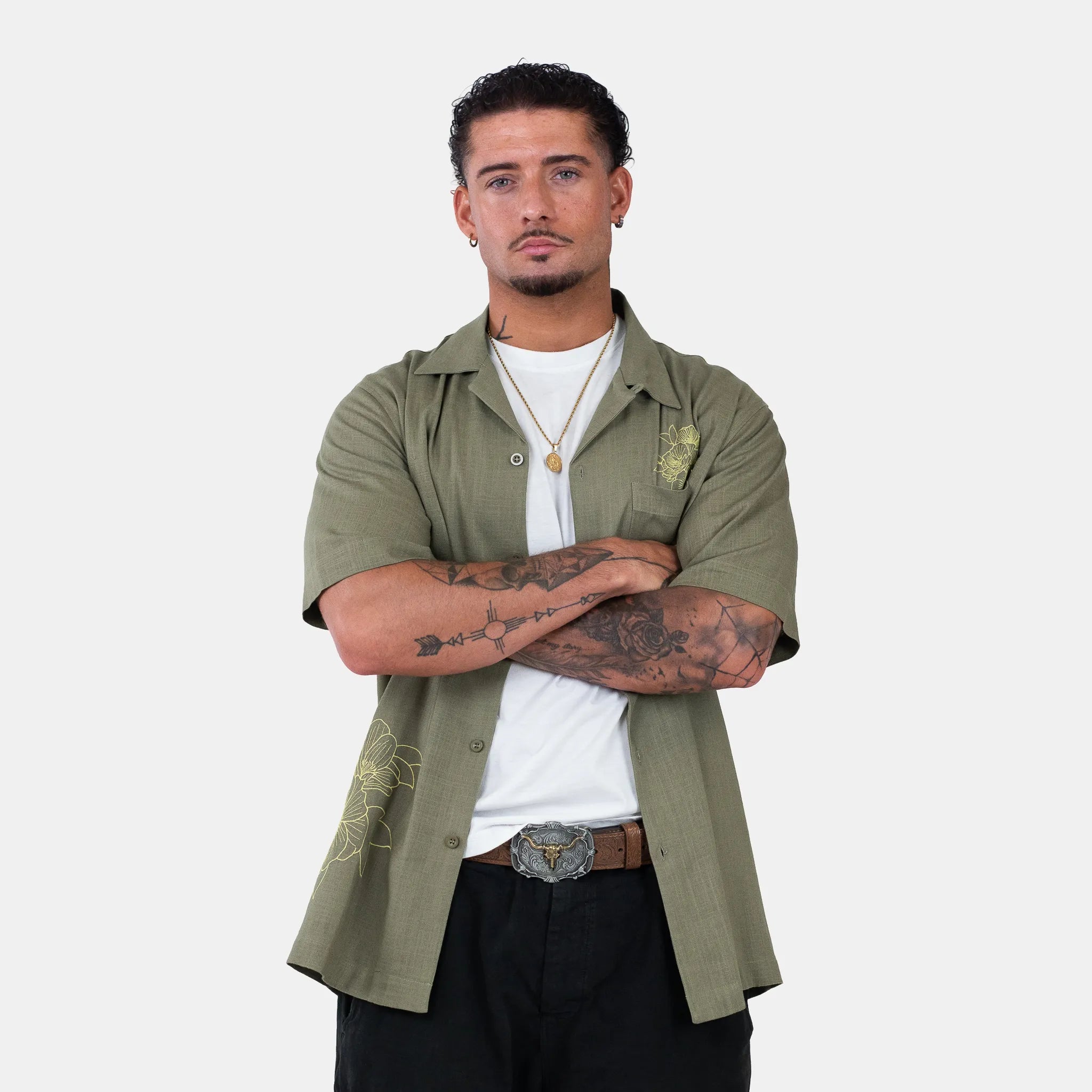Yardrock Floral Linen Shirt - Khaki