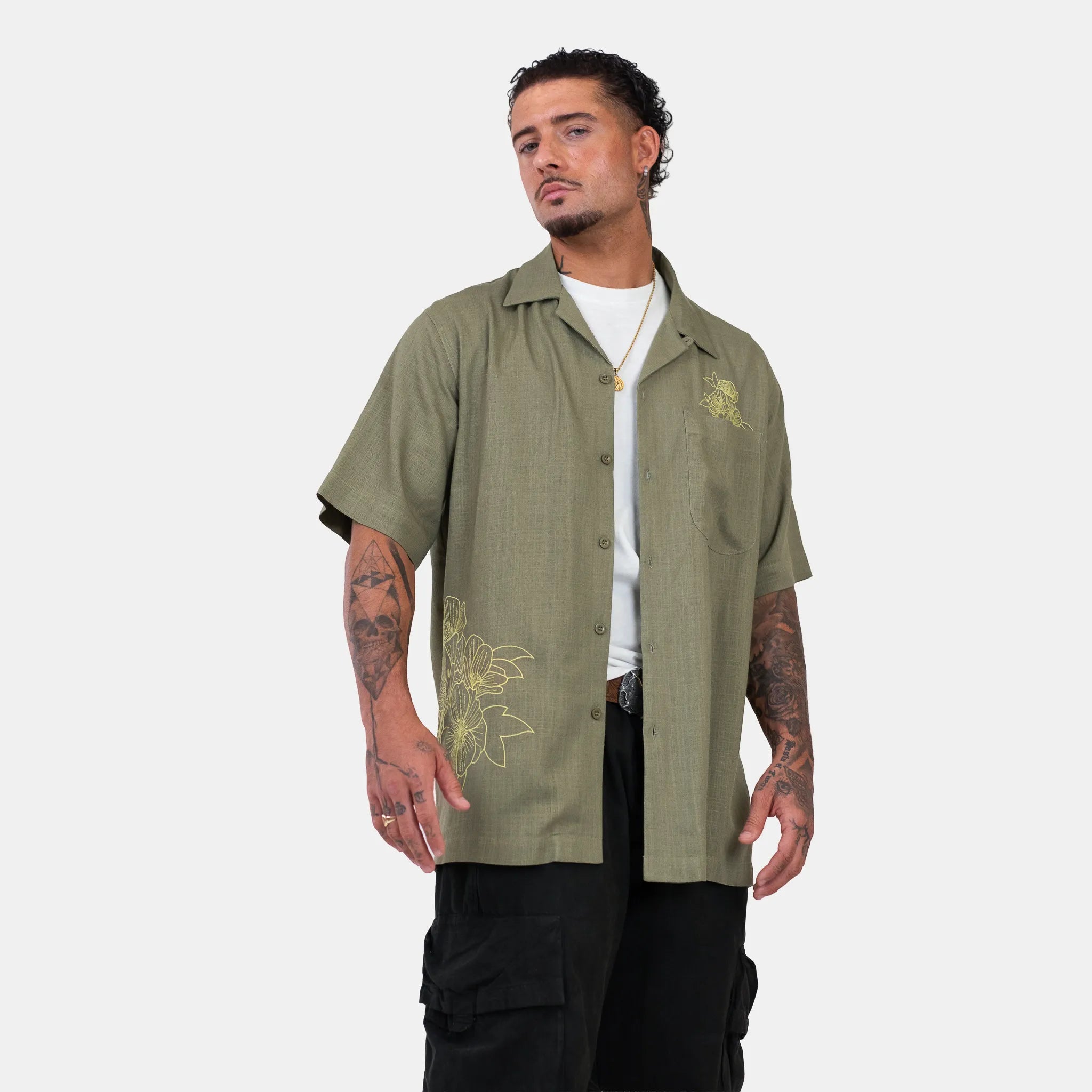 Yardrock Floral Linen Shirt - Khaki